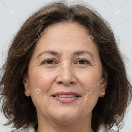 Joyful white adult female with medium  brown hair and brown eyes