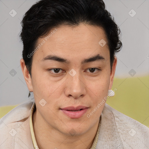 Joyful latino young-adult male with short  brown hair and brown eyes