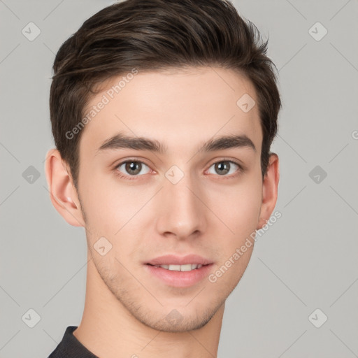 Neutral white young-adult male with short  brown hair and brown eyes