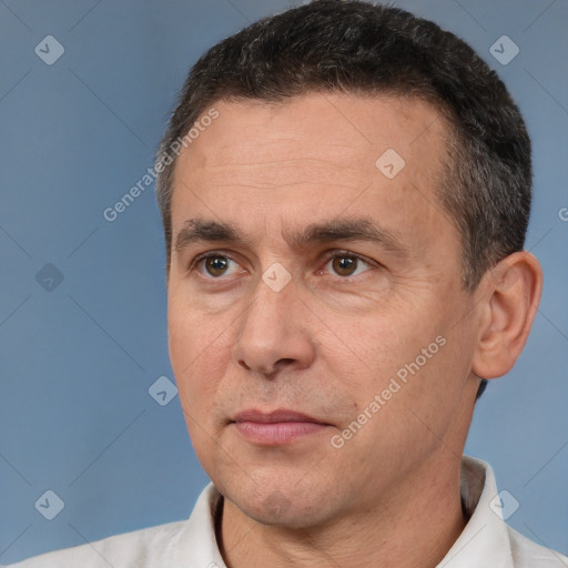 Neutral white adult male with short  brown hair and brown eyes