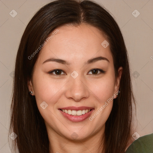 Joyful white young-adult female with long  brown hair and brown eyes