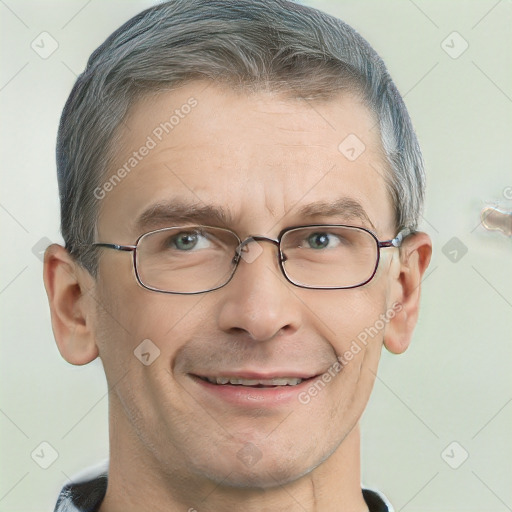 Joyful white middle-aged male with short  brown hair and grey eyes