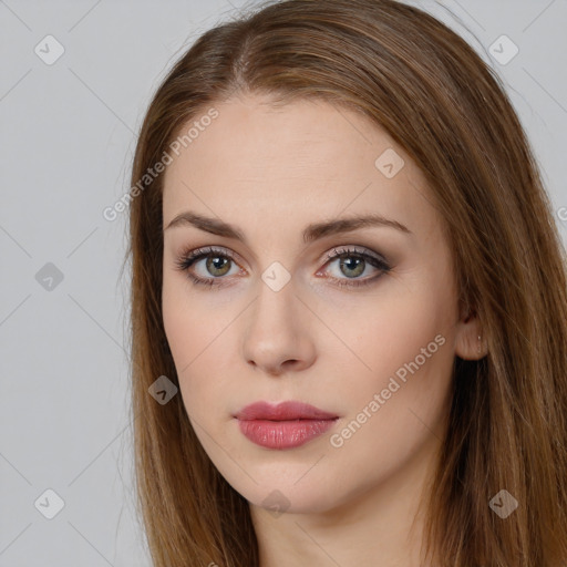 Neutral white young-adult female with long  brown hair and brown eyes