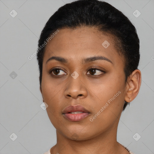 Neutral black young-adult female with short  brown hair and brown eyes