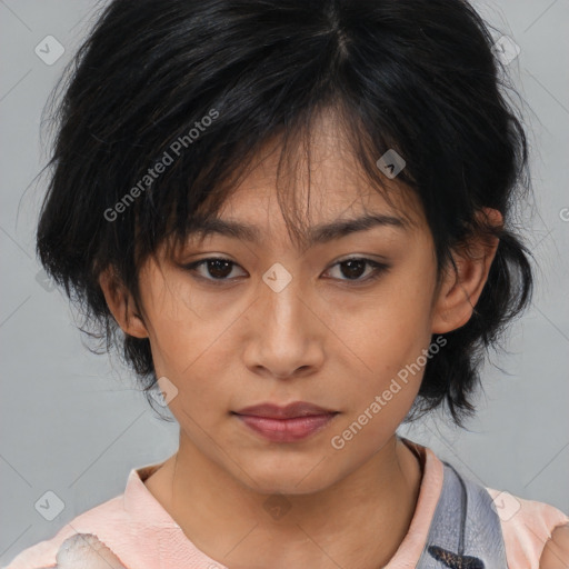 Neutral asian young-adult female with medium  black hair and brown eyes