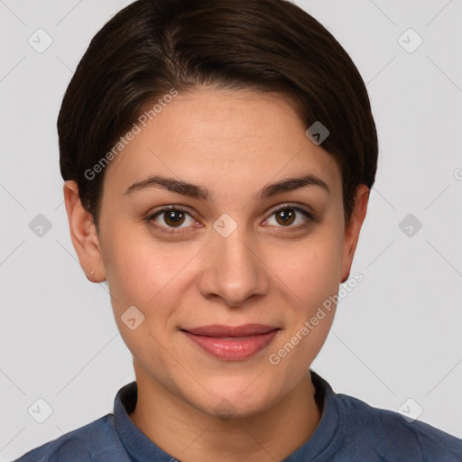 Joyful white young-adult female with short  brown hair and brown eyes