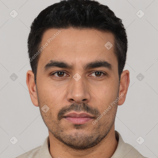 Neutral latino young-adult male with short  black hair and brown eyes