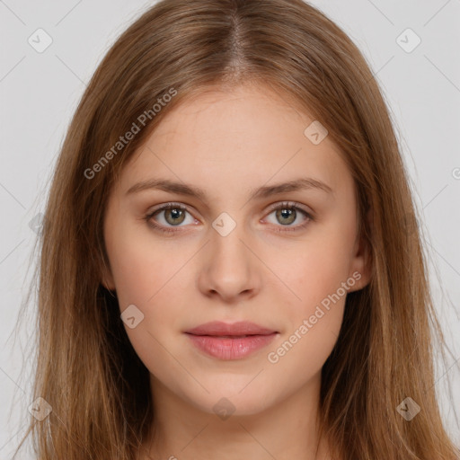 Neutral white young-adult female with long  brown hair and brown eyes