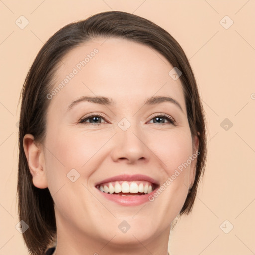 Joyful white young-adult female with medium  brown hair and brown eyes