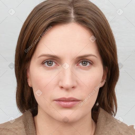 Neutral white young-adult female with medium  brown hair and brown eyes