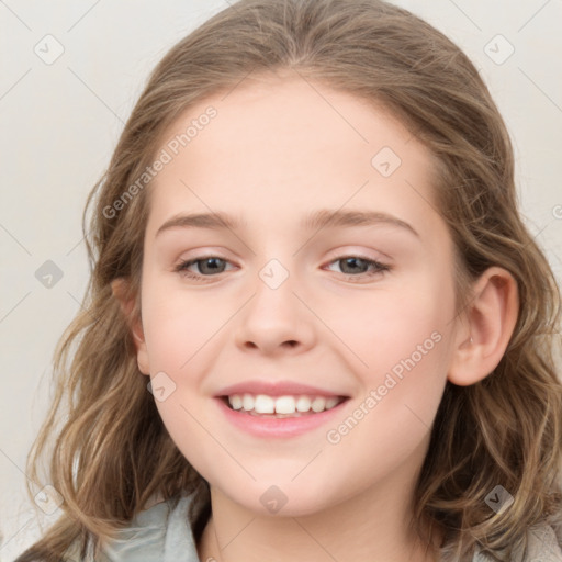 Joyful white child female with medium  brown hair and grey eyes