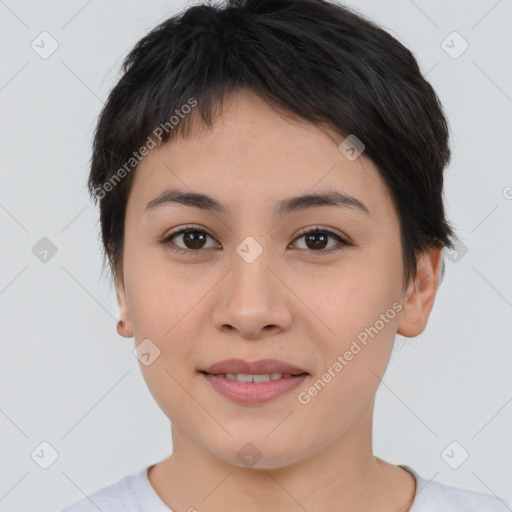 Joyful asian young-adult female with short  brown hair and brown eyes