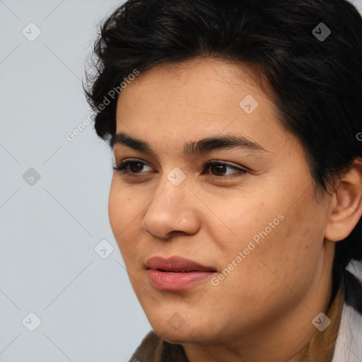 Joyful asian young-adult female with medium  brown hair and brown eyes