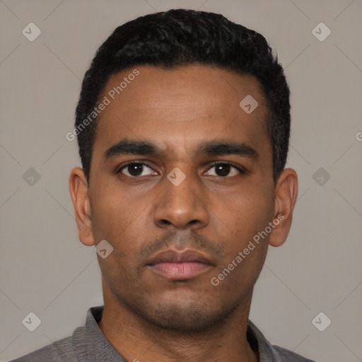 Neutral latino young-adult male with short  black hair and brown eyes