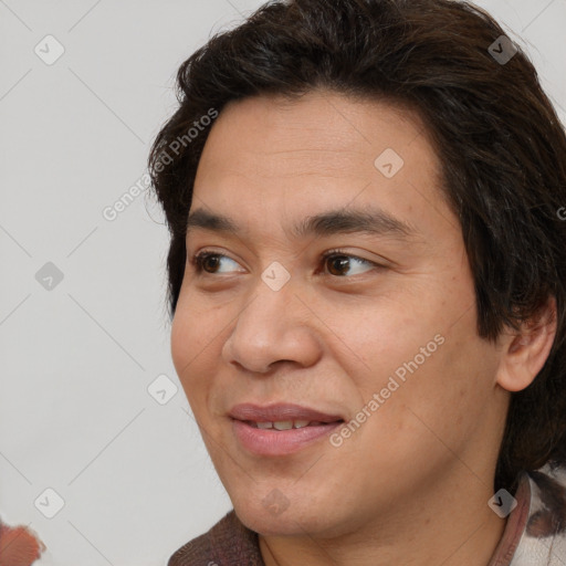 Joyful white young-adult male with medium  brown hair and brown eyes