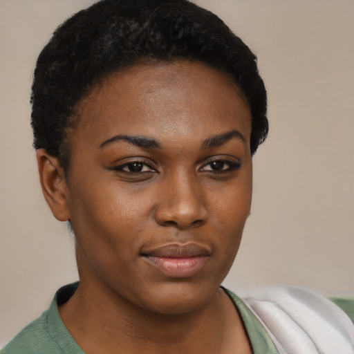 Neutral black young-adult female with short  black hair and brown eyes
