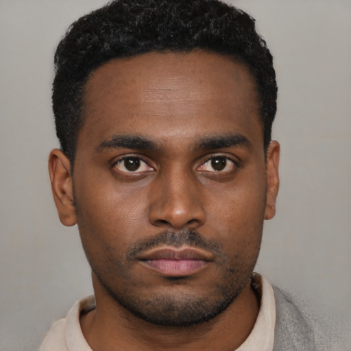 Neutral black young-adult male with short  brown hair and brown eyes