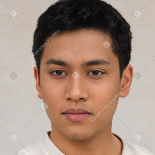 Neutral asian young-adult male with short  black hair and brown eyes