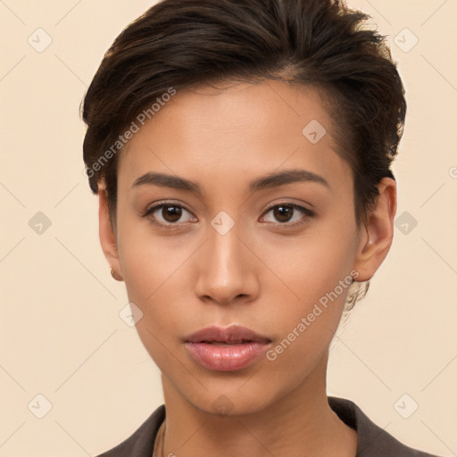 Neutral white young-adult female with short  brown hair and brown eyes