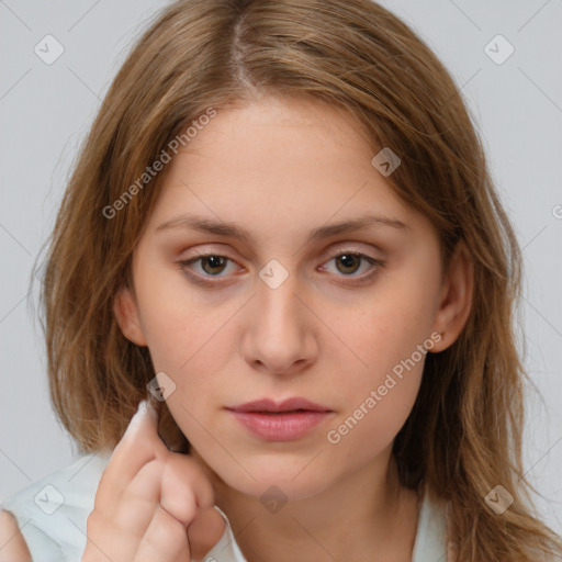 Neutral white young-adult female with medium  brown hair and brown eyes