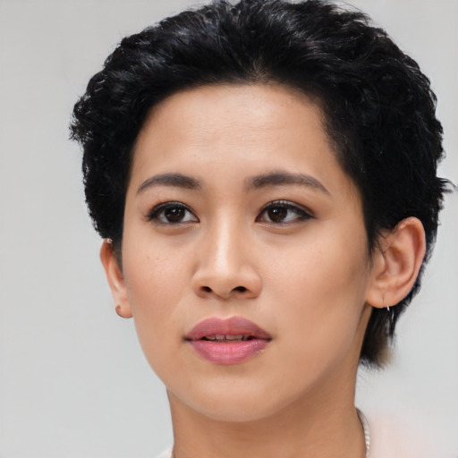 Neutral asian young-adult female with short  black hair and brown eyes