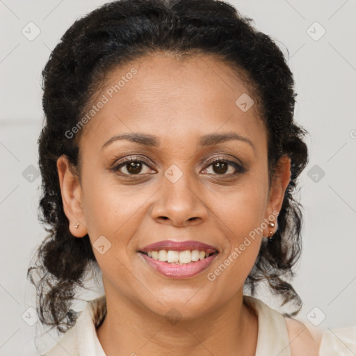 Joyful black young-adult female with medium  brown hair and brown eyes