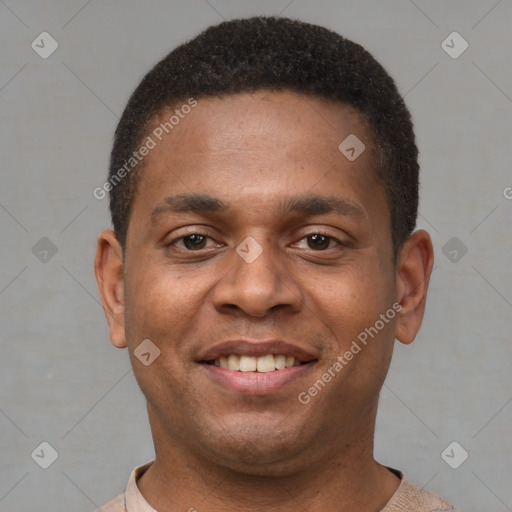 Joyful latino young-adult male with short  brown hair and brown eyes