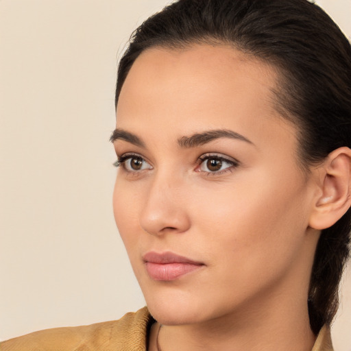 Neutral white young-adult female with medium  brown hair and brown eyes