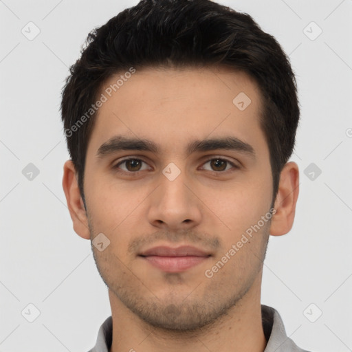 Neutral latino young-adult male with short  black hair and brown eyes