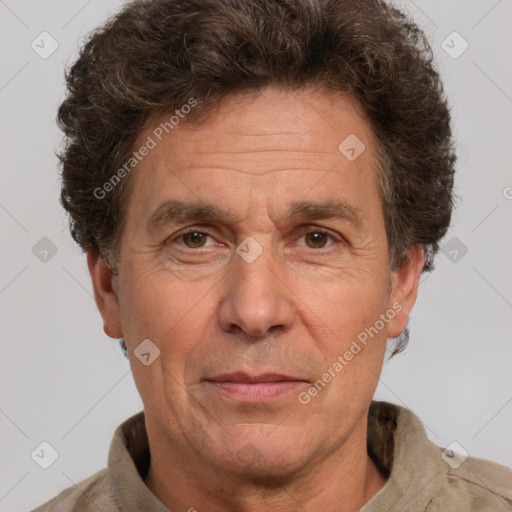 Joyful white middle-aged male with short  brown hair and brown eyes