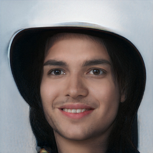 Joyful white young-adult male with long  black hair and brown eyes