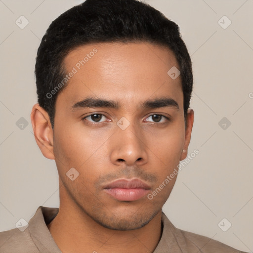 Neutral latino young-adult male with short  black hair and brown eyes