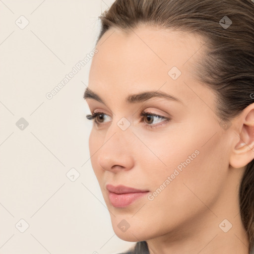 Neutral white young-adult female with medium  brown hair and brown eyes