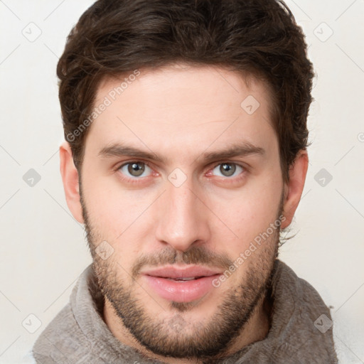 Neutral white young-adult male with short  brown hair and grey eyes