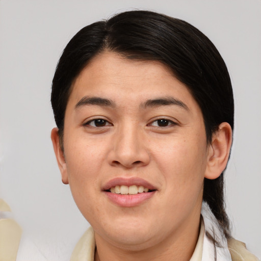 Joyful white young-adult female with medium  brown hair and brown eyes