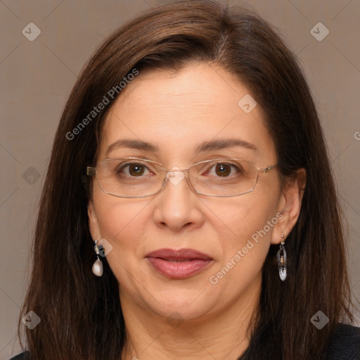 Joyful white adult female with medium  brown hair and brown eyes