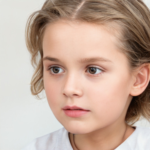 Neutral white child female with medium  brown hair and blue eyes