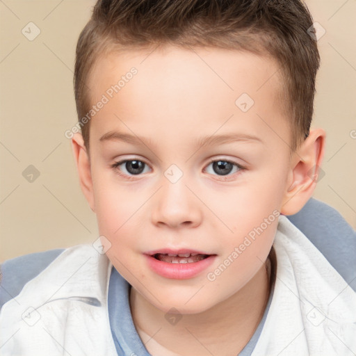 Joyful white child female with short  brown hair and brown eyes