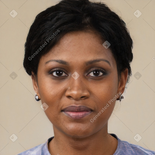 Joyful black young-adult female with short  black hair and brown eyes