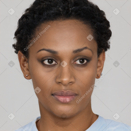 Neutral black young-adult female with short  black hair and brown eyes