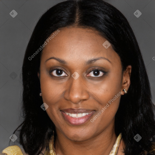 Joyful black young-adult female with medium  brown hair and brown eyes
