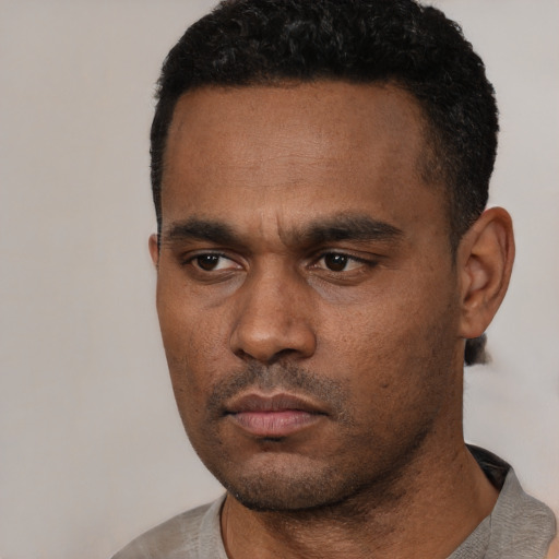Neutral black young-adult male with short  black hair and brown eyes