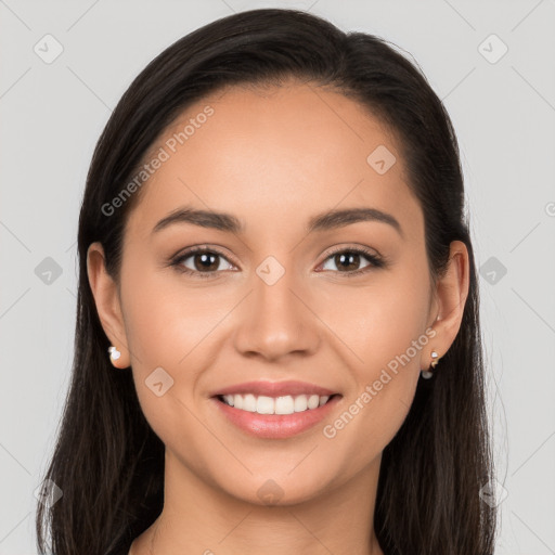 Joyful white young-adult female with long  brown hair and brown eyes