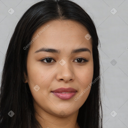 Joyful asian young-adult female with long  brown hair and brown eyes