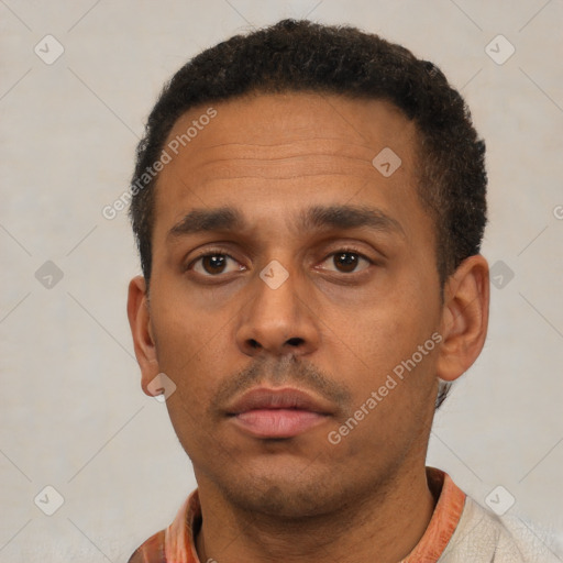 Neutral latino adult male with short  black hair and brown eyes