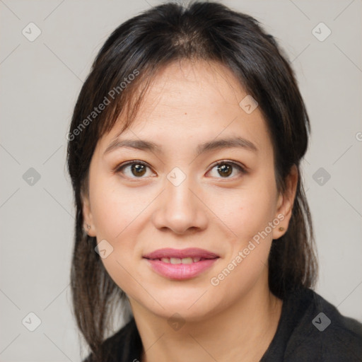 Joyful white young-adult female with medium  brown hair and brown eyes