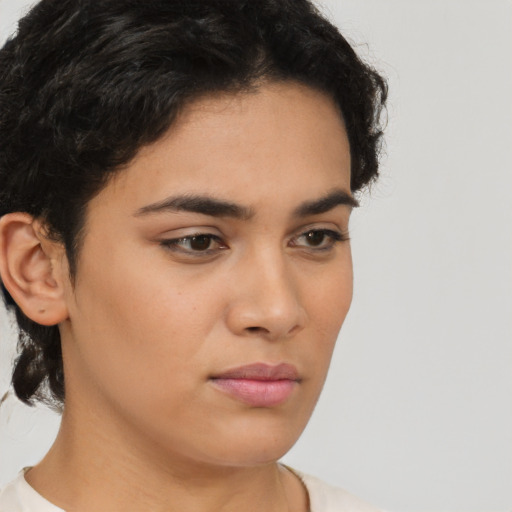 Neutral latino young-adult female with short  brown hair and brown eyes