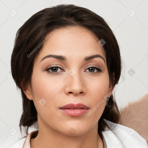 Neutral white young-adult female with medium  brown hair and brown eyes