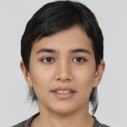 Joyful asian young-adult female with short  black hair and brown eyes