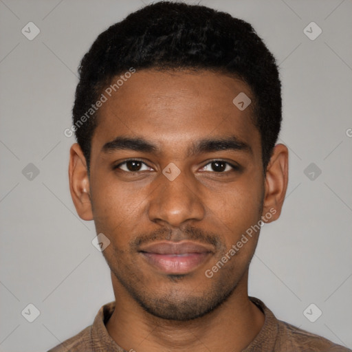 Neutral black young-adult male with short  black hair and brown eyes